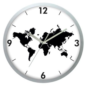 Zegar ścienny srebrny Mapa Świata
