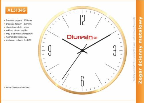 aluminiowy zegar reklamowy ze złotą ramką