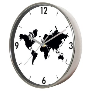 Zegar ścienny chromowany Mapa Świata 