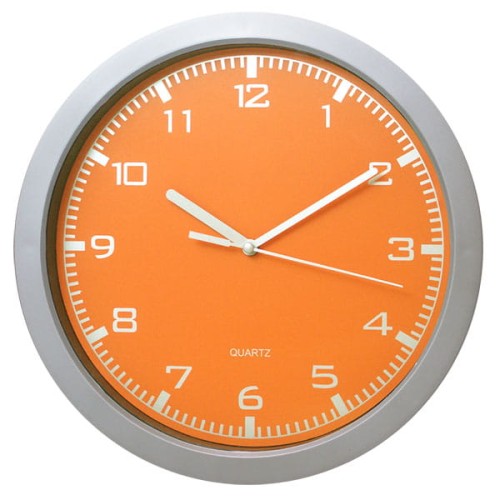  zegar ścienny srebrny z pomarańczową tarczą 