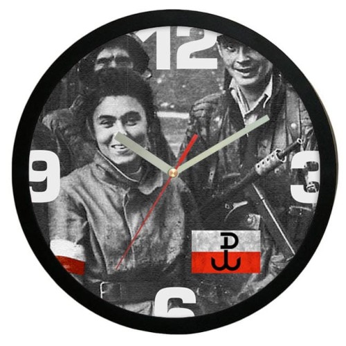 Czarny zegar z bohaterami Powstania Warszawskiego